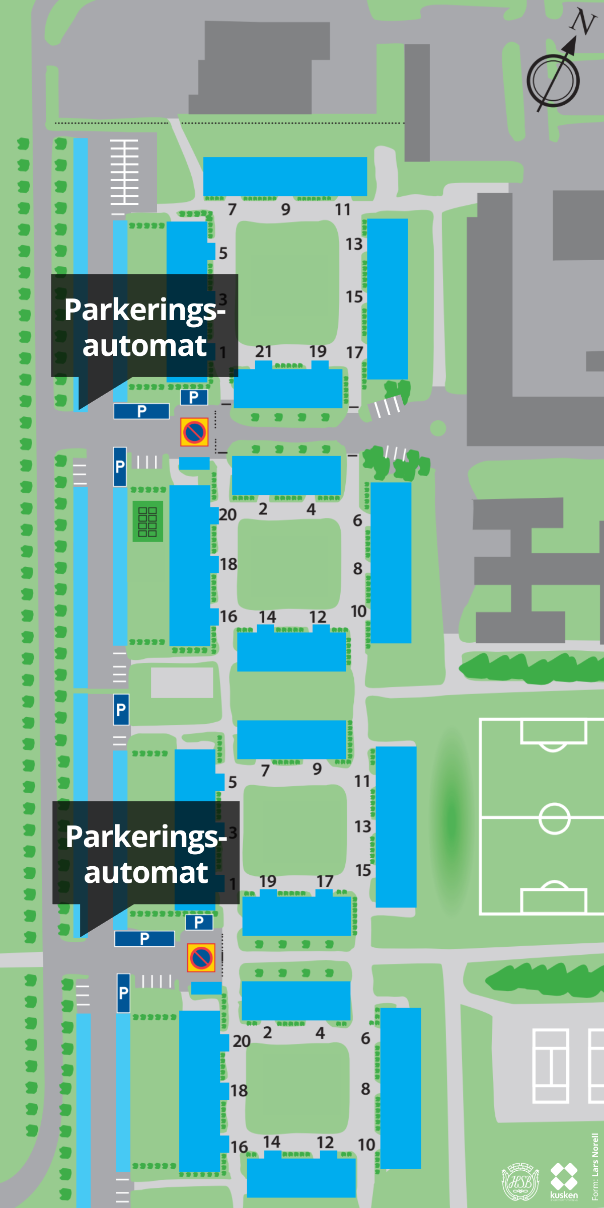 Karta över gästparkeringar & parkeringsautomater i Brf Kusken