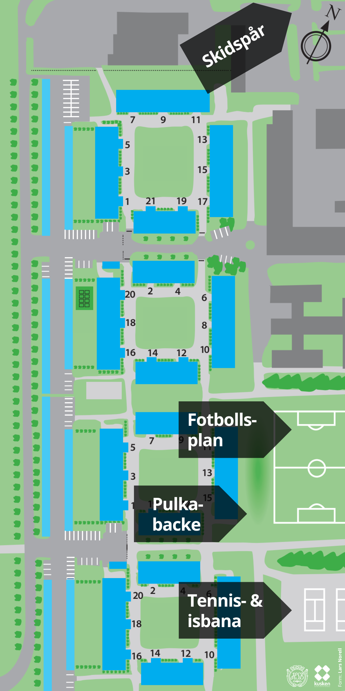 Karta över vart sportaktiviteter omkring Brf Kusken ligger